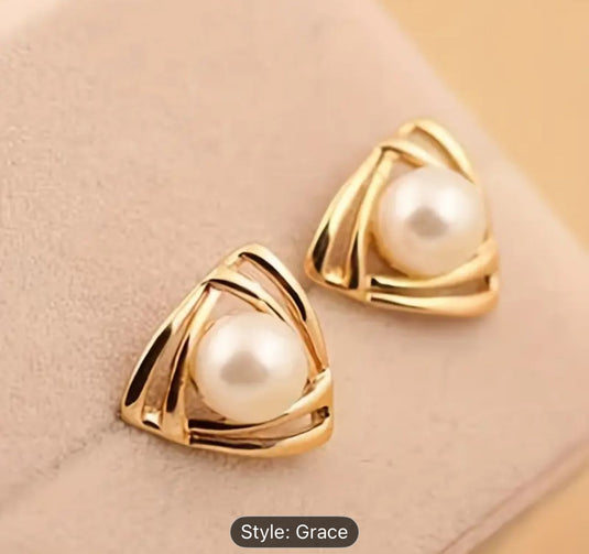 Hollow Triangle Gold Faux Pearl Decor Elegant Stud Earrings for Women in Germany