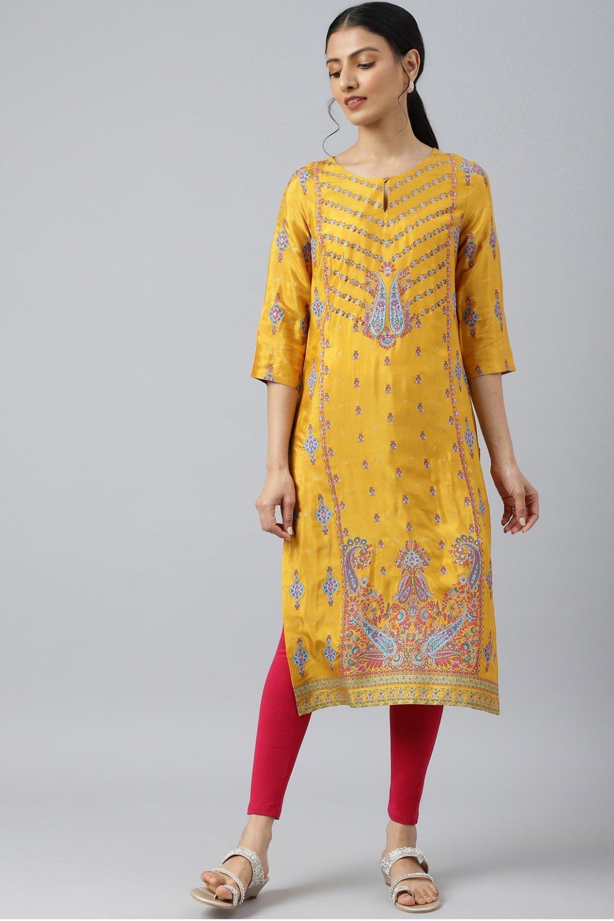 Mustard Glitter Printed Shantung kurta in Germany