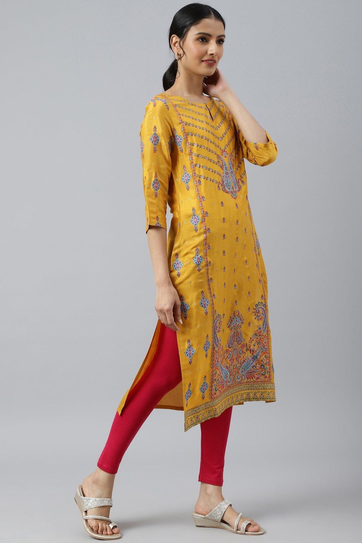 Mustard Glitter Printed Shantung kurta in Germany