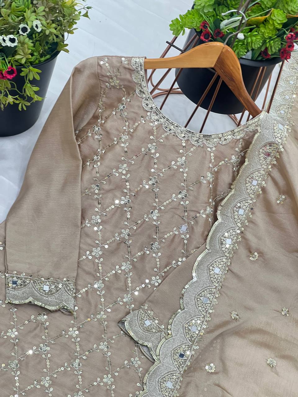 Pure Heavy Chinnon Silk With Heavy Embroidery Sequence Work Suit in Germany