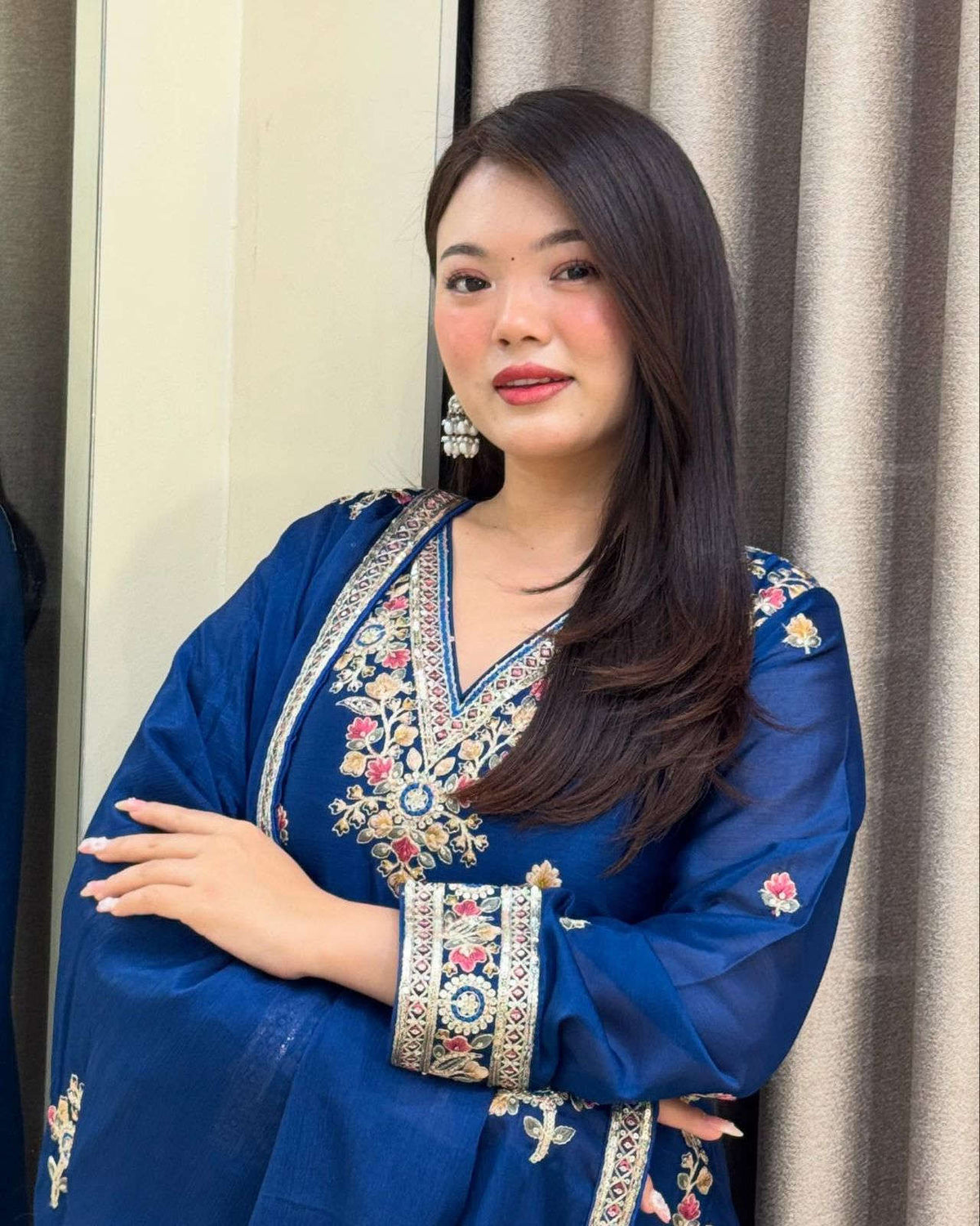 Blue Chinon Silk Embroidery Suit in Germany