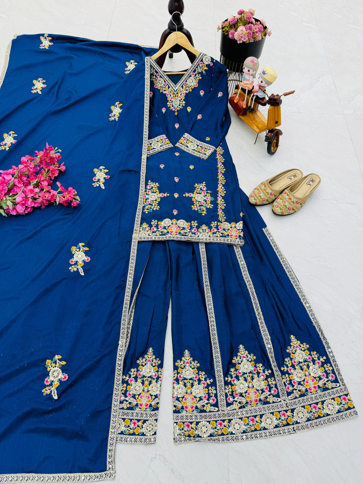 Blue Chinon Silk Embroidery Suit in Germany