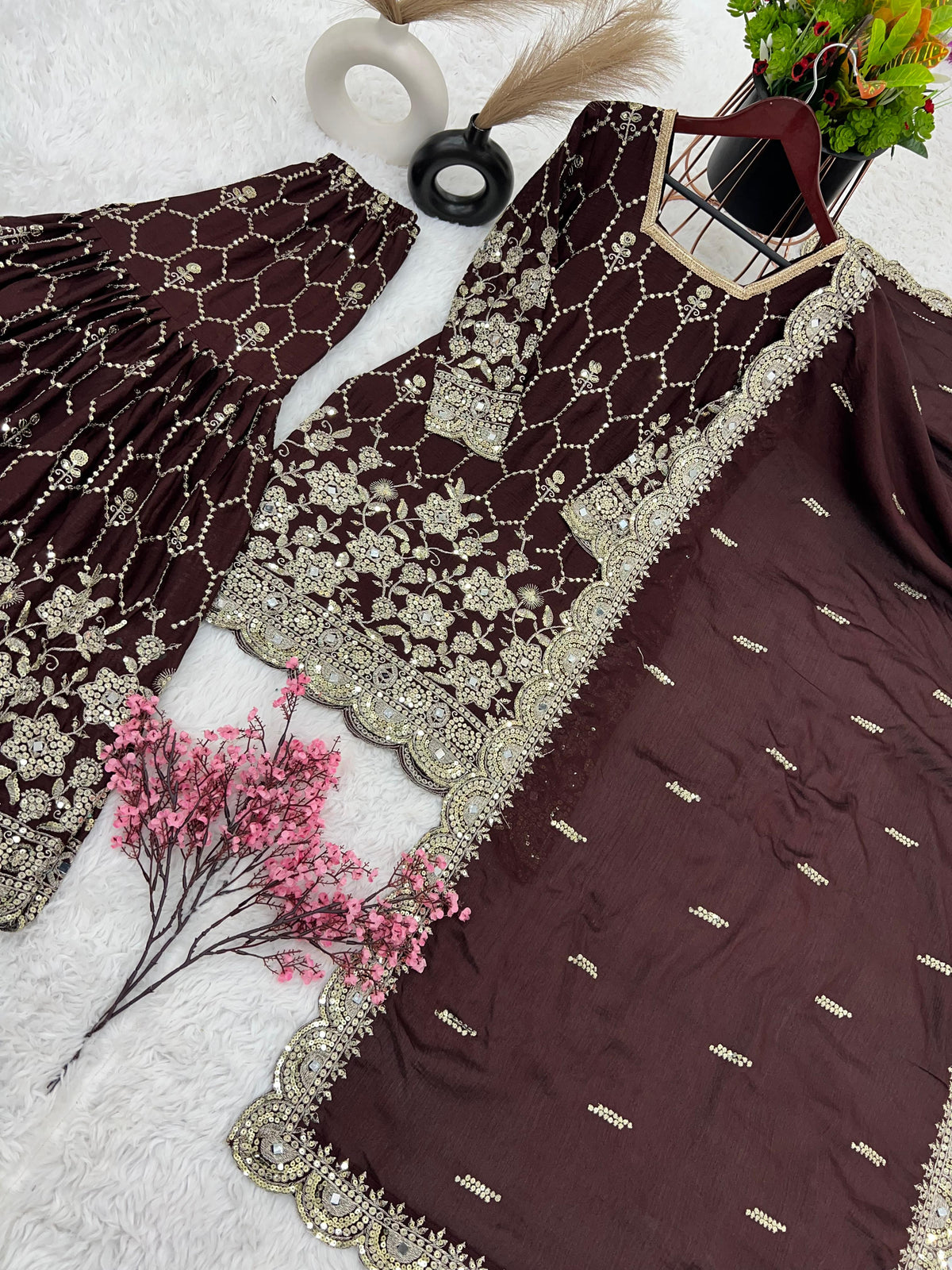 Brown Pure Heavy Chinnon Silk Suit in Munich