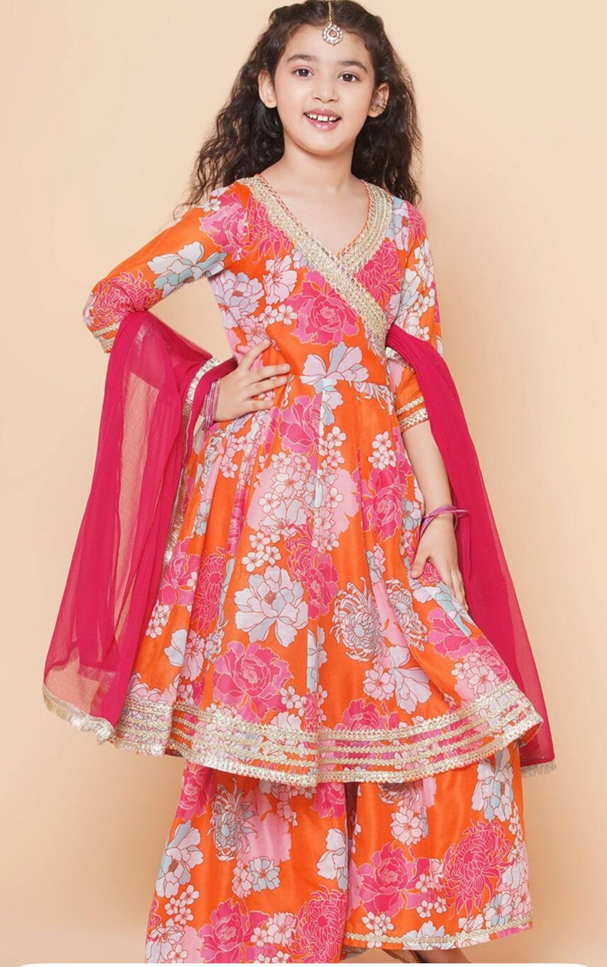 Girls Floral Printed Angrakha Anarkali Kurta & Sharara With Dupatta in Germany