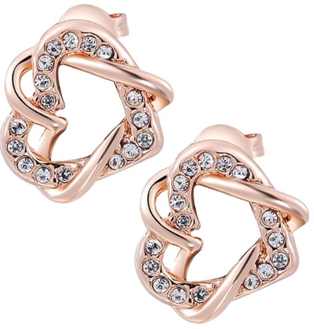 Rose Golden Plated Swarovski Stone On Double Heart Shape Stud Earrings in Germany