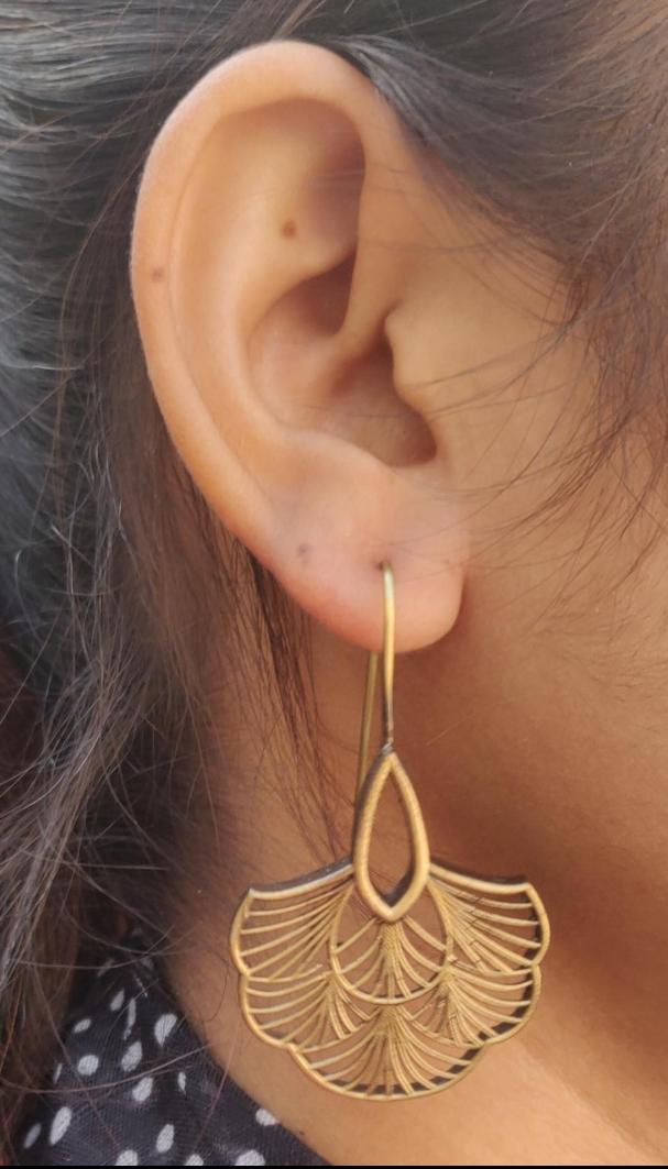 Golden Artistic Brass Danglers with Gemstone and Leaf Elements Earrings in Berlin