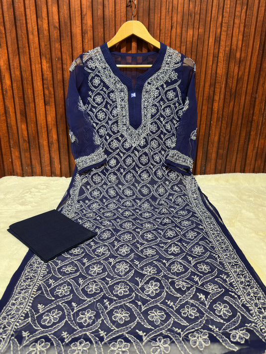 Blue Georgette Chikankari Embroidery Straight Kurta in Munich
