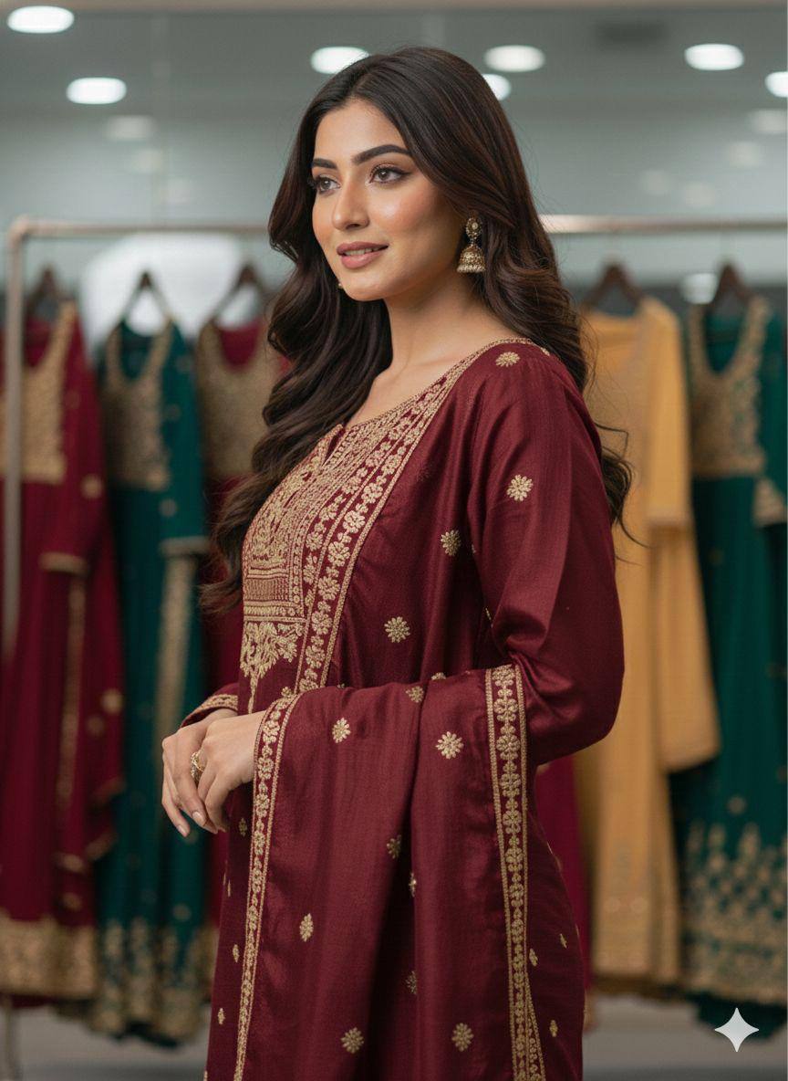 SEQUENCE EMBROIDERED TOP, SARARA AND DUPATTA IN MUNICH
