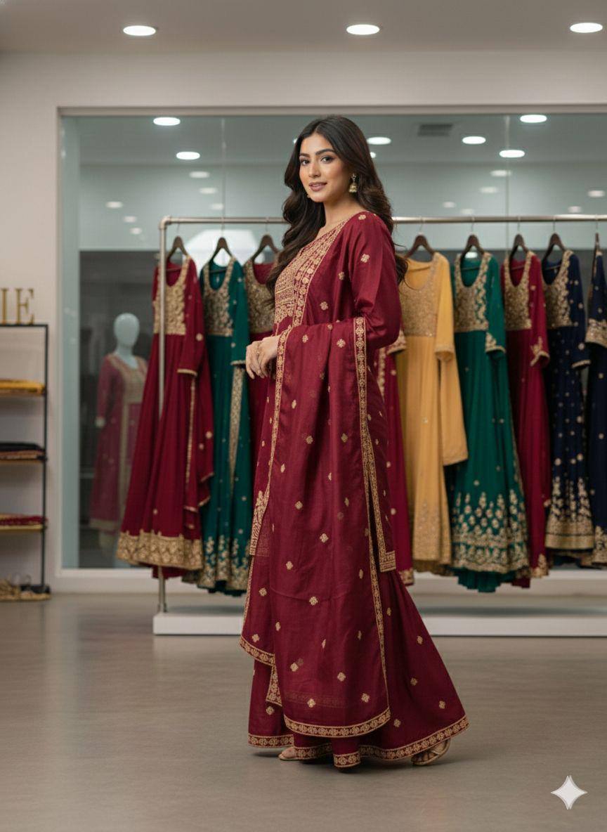 SEQUENCE EMBROIDERED TOP, SARARA AND DUPATTA IN MUNICH