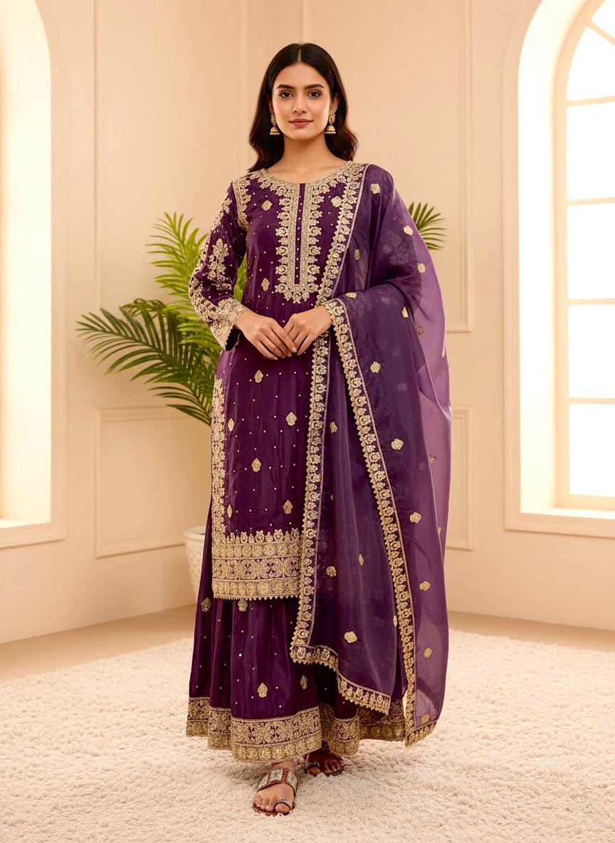 Natural Crep Silk Top-Bottom And Dupatta Set Fully Stitched in Berlin