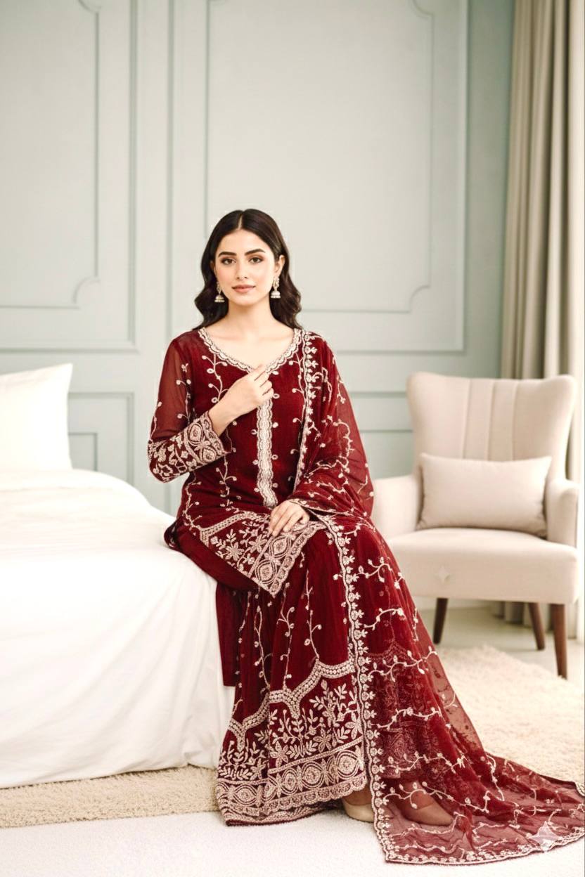 Silk And Heavy Embroidery Sequence Work Top-Bottom And Dupatta Set in Germany