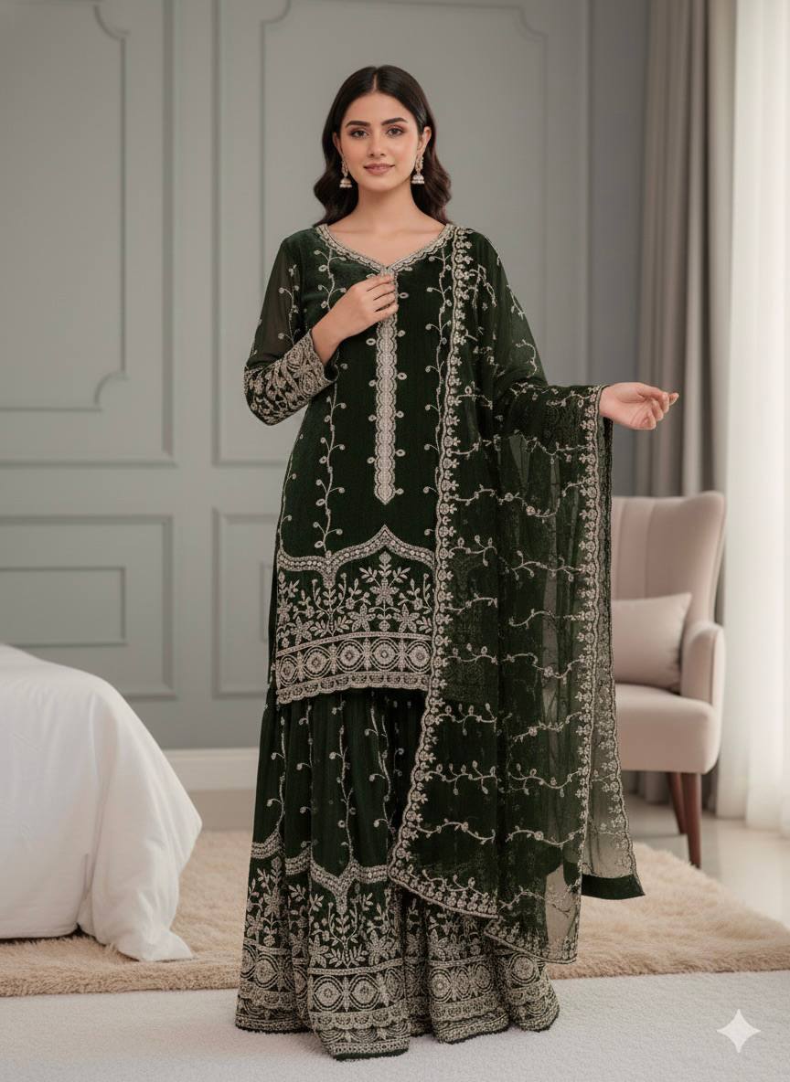Silk And Heavy Embroidery Sequence Work Top-Bottom And Dupatta Set in Germany
