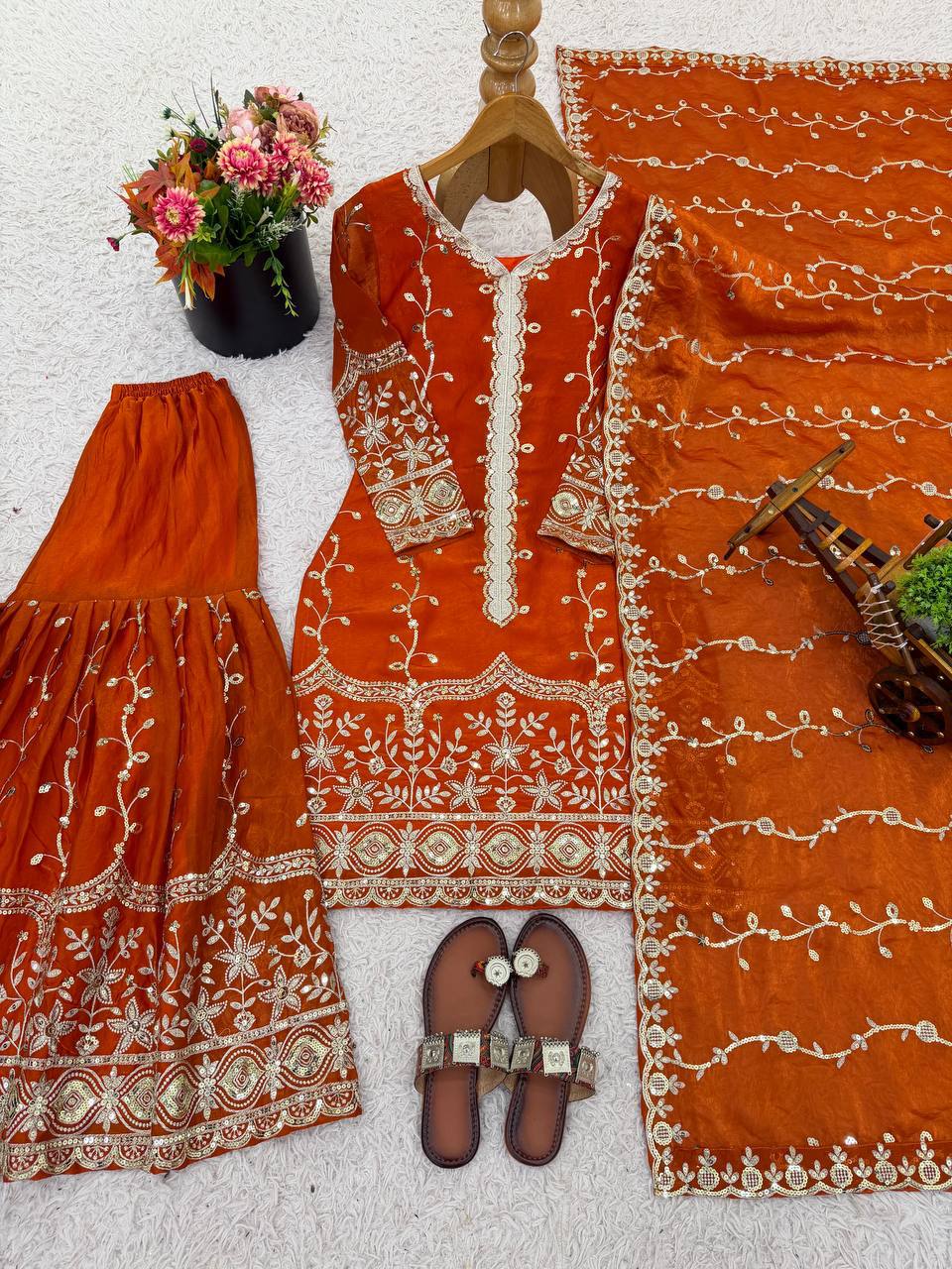 Silk And Heavy Embroidery Sequence Work Top-Bottom And Dupatta Set in Germany