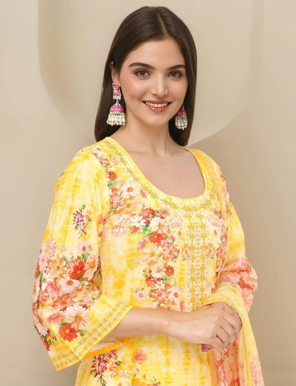 Comfy Yellow Pure Cotton Floral Printed Kurta Set With Straight Bottom And Flowy Dupatta in Munich