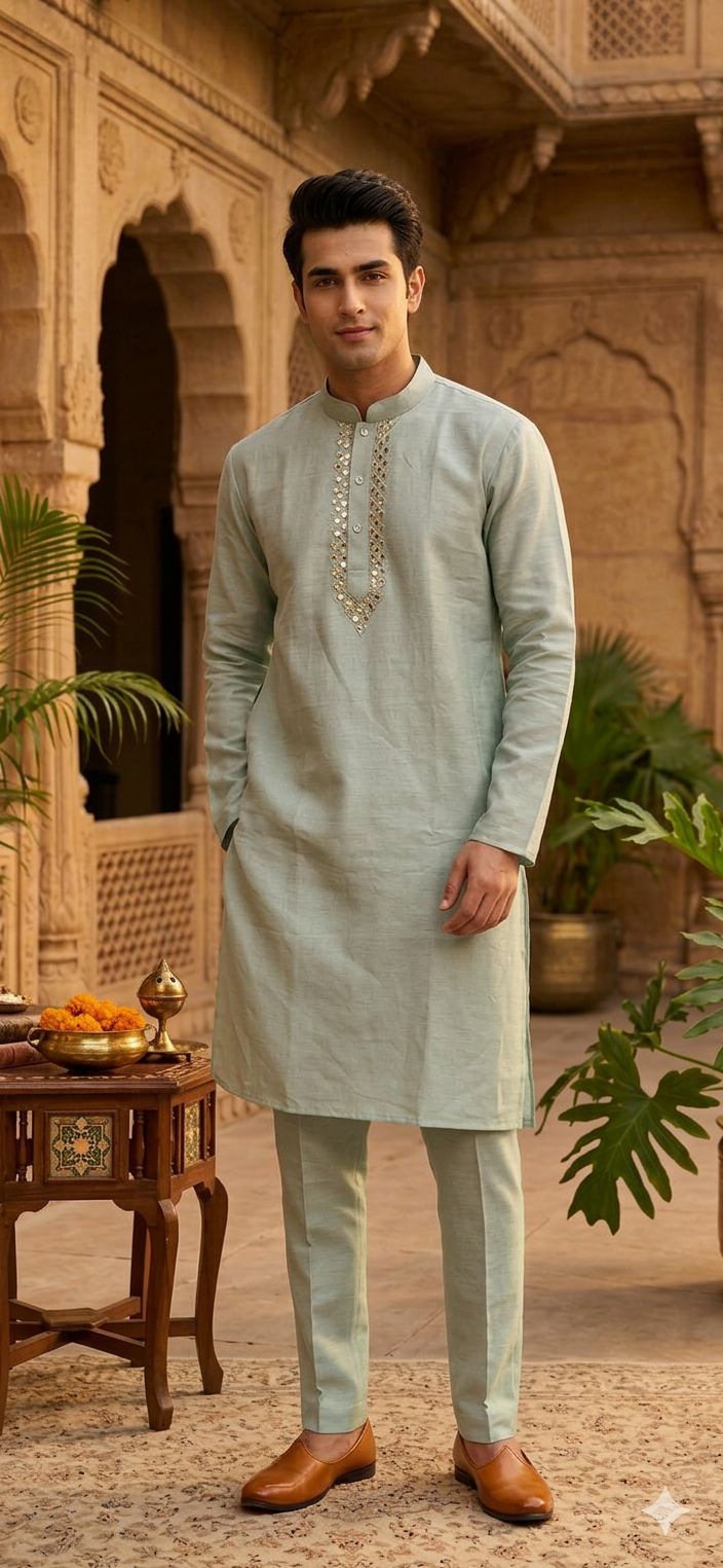 Men's Silk Mint Kurta Churidar Set in Germany