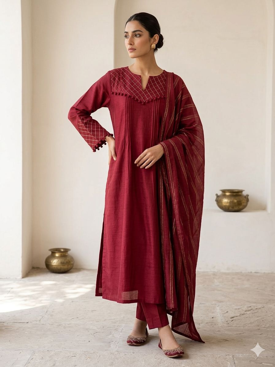 Maroon Embroidered Neck Kurta Bottom Dupatta Set in Berlin