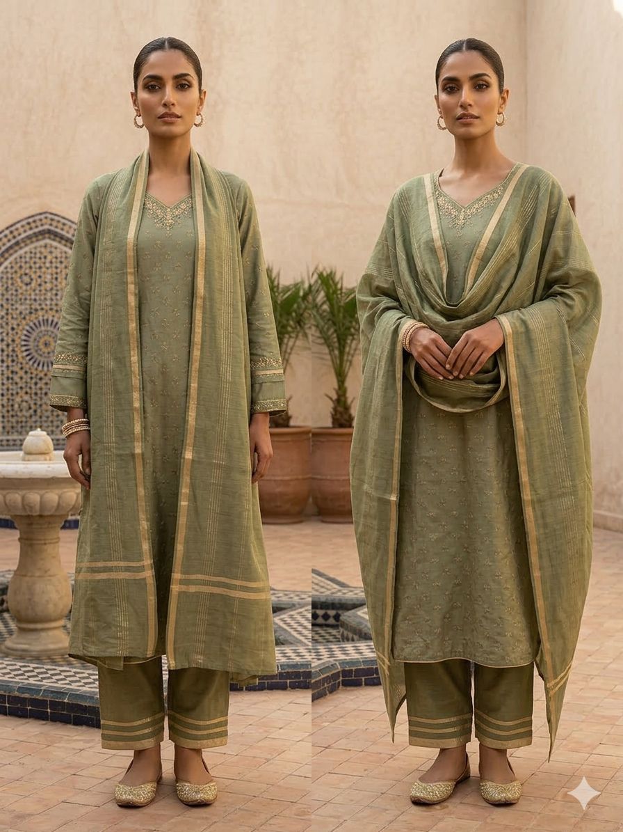 Sage Green Embroidered Neck Kurta Bottom Dupatta Set in Munich