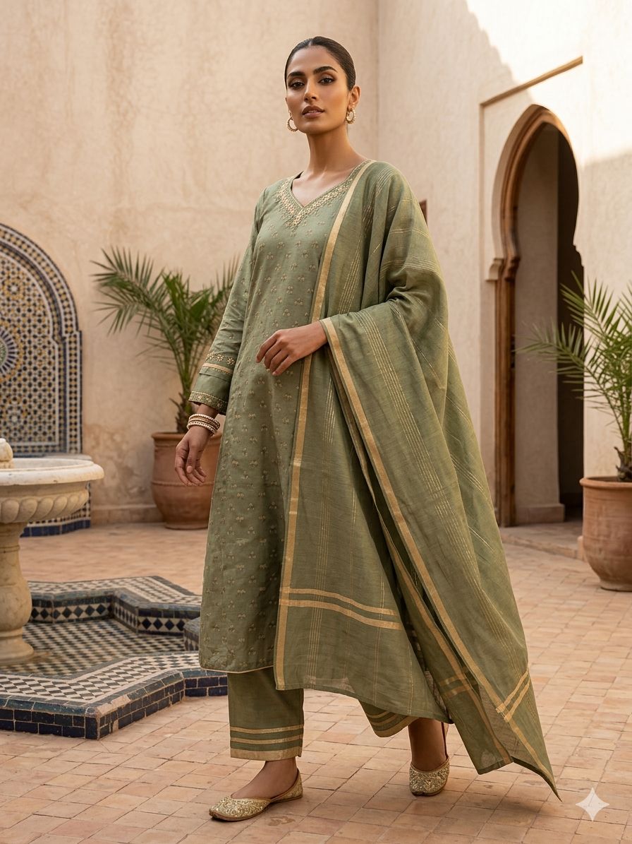 Sage Green Embroidered Neck Kurta Bottom Dupatta Set in Munich