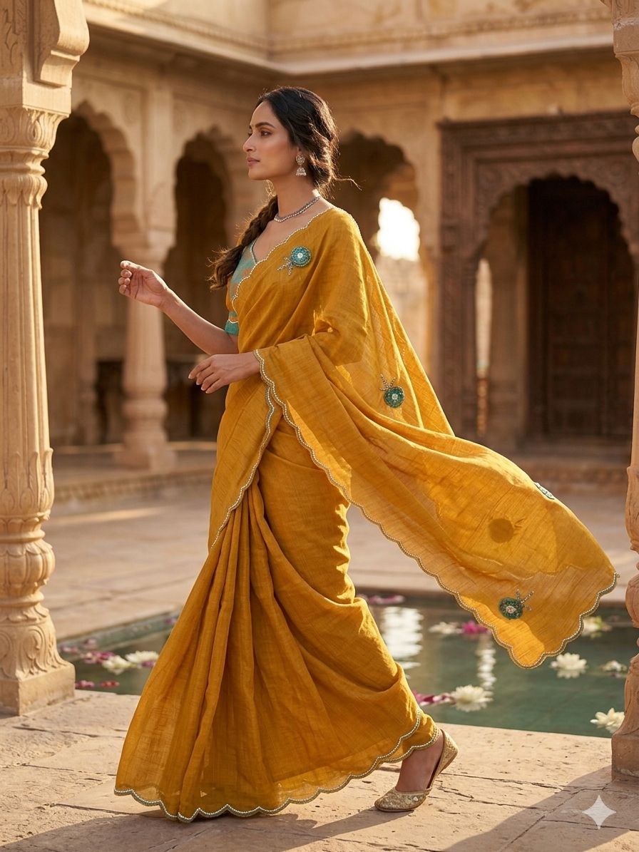 Mustard Yellow Saree with stitched blouse in Germany