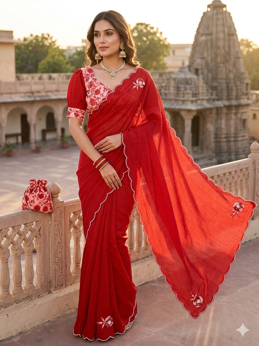 Red Saree with stitched blouse in Germany