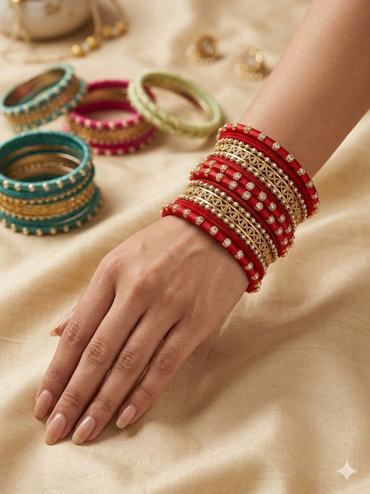 Red Silk Thread Kundan Bangle Set in Berlin