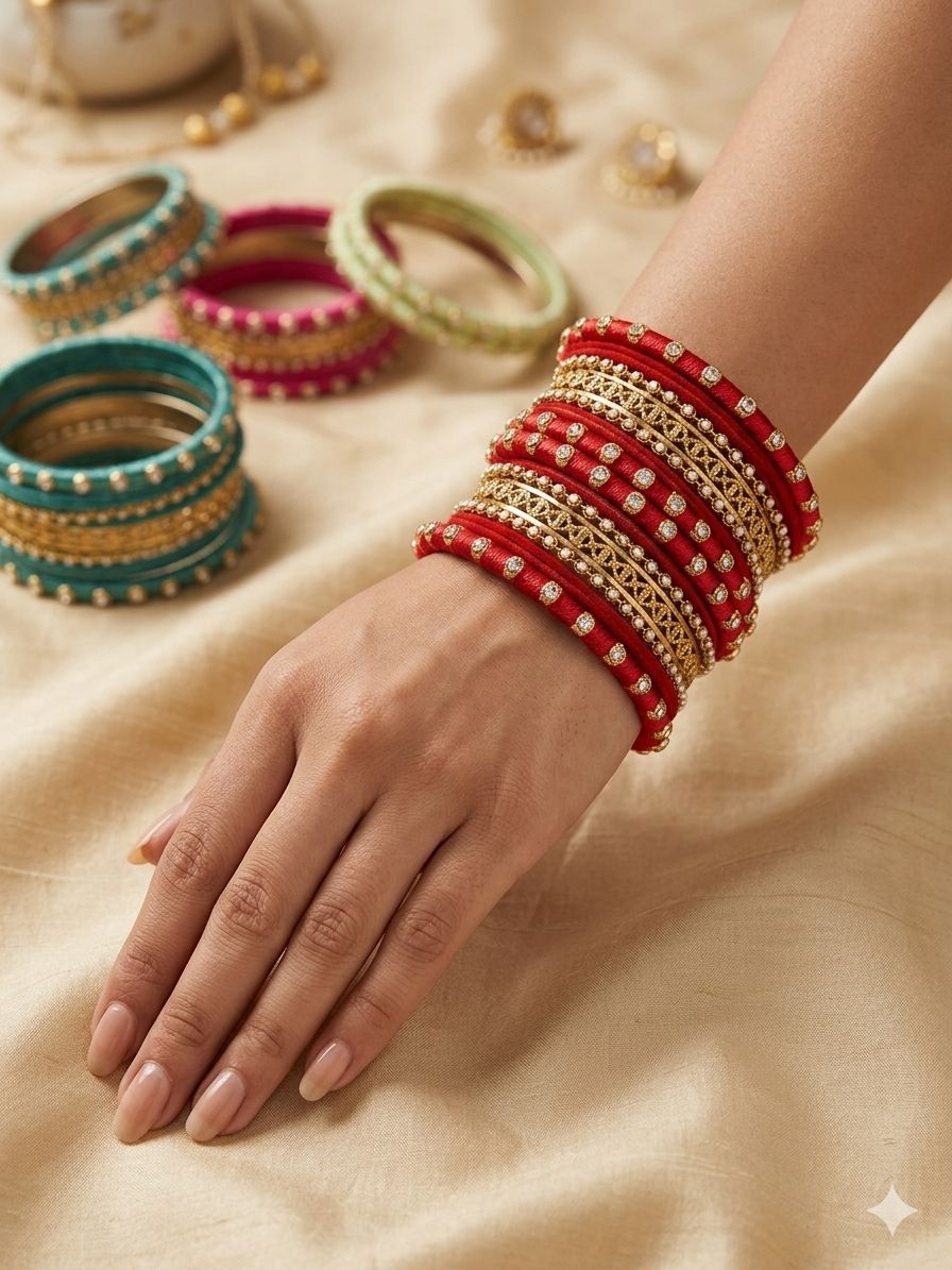 Red Silk Thread Kundan Bangle Set in Berlin