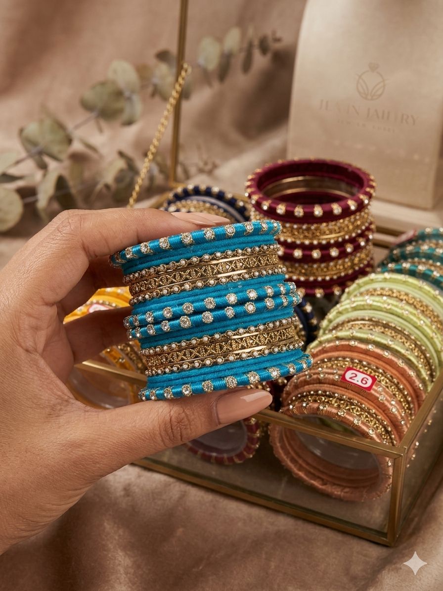 Skyblue Silk Thread Kundan Bangle Set in Germany