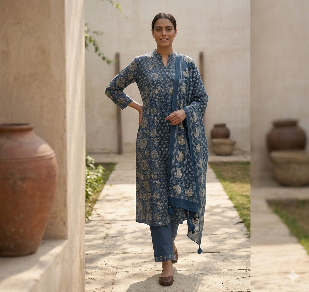 Women Blue Floral Sequined Pure Cotton Kurta with Trouser & Dupatta in Germany