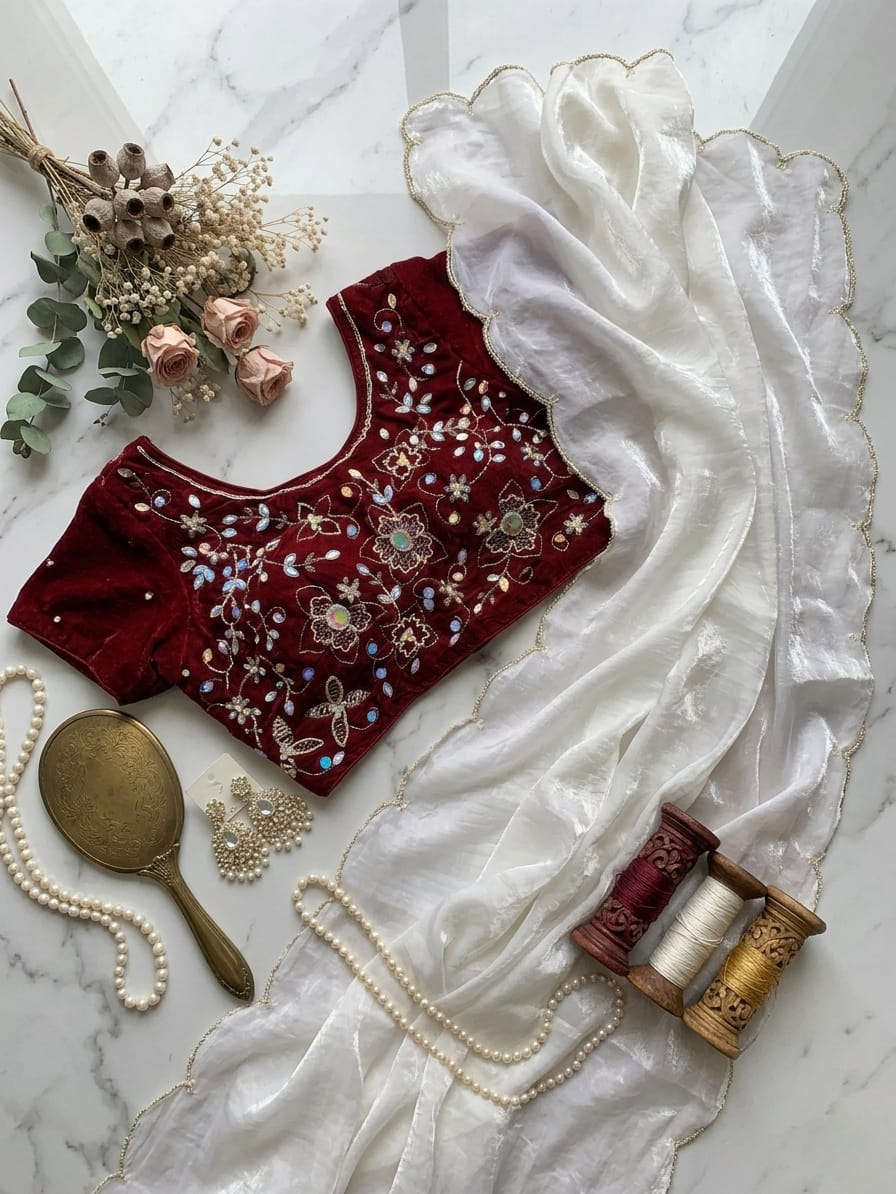 White Unique Fendy saree in Berlin(Onam Saree)