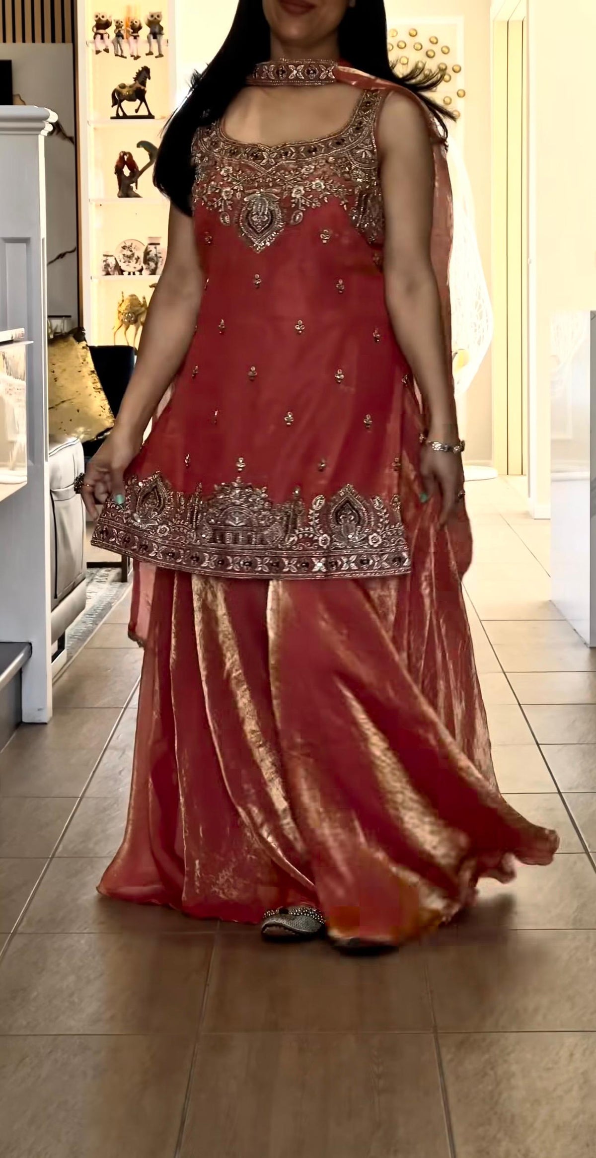 Orange Embroidery Sequence Worked Top-Plazzo And Dupatta Set in Berlin