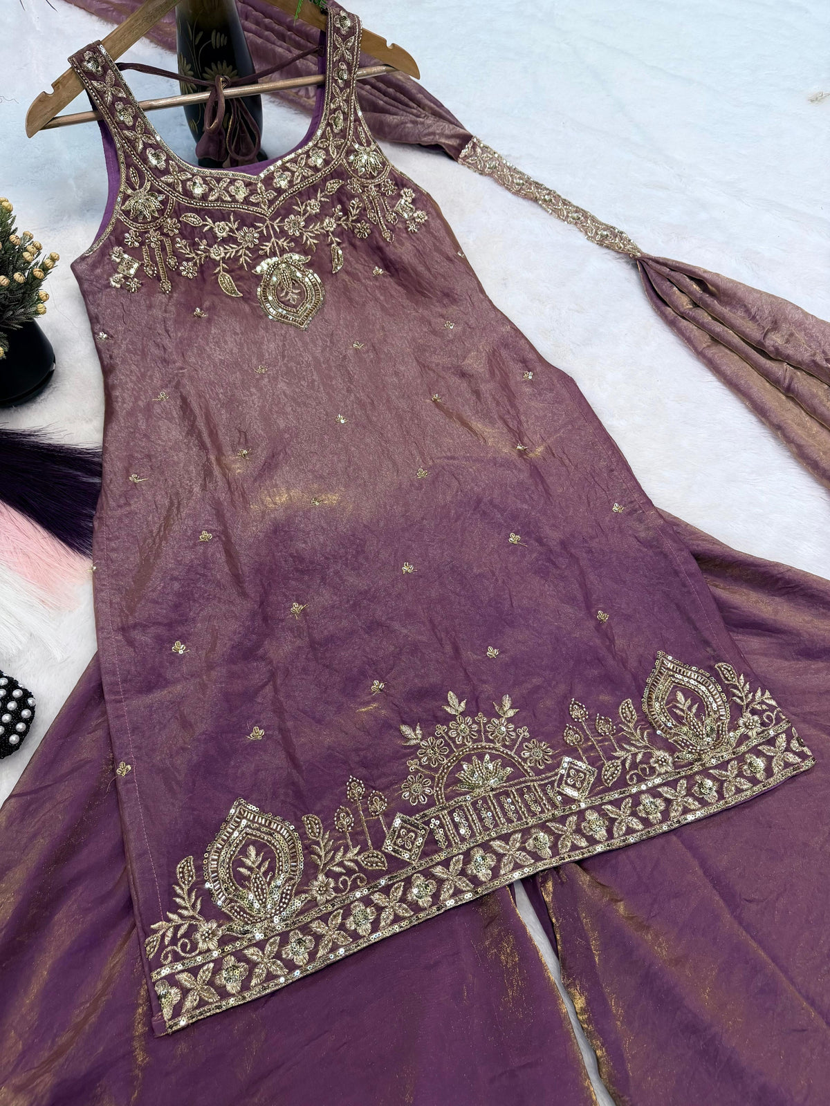 Lavender Embroidery Sequence Worked Top-Plazzo And Dupatta Set in Berlin