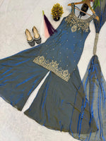 Teal Embroidery Sequence Worked Top-Plazzo And Dupatta Set in Berlin