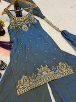 Teal Embroidery Sequence Worked Top-Plazzo And Dupatta Set in Berlin