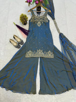 Teal Embroidery Sequence Worked Top-Plazzo And Dupatta Set in Berlin