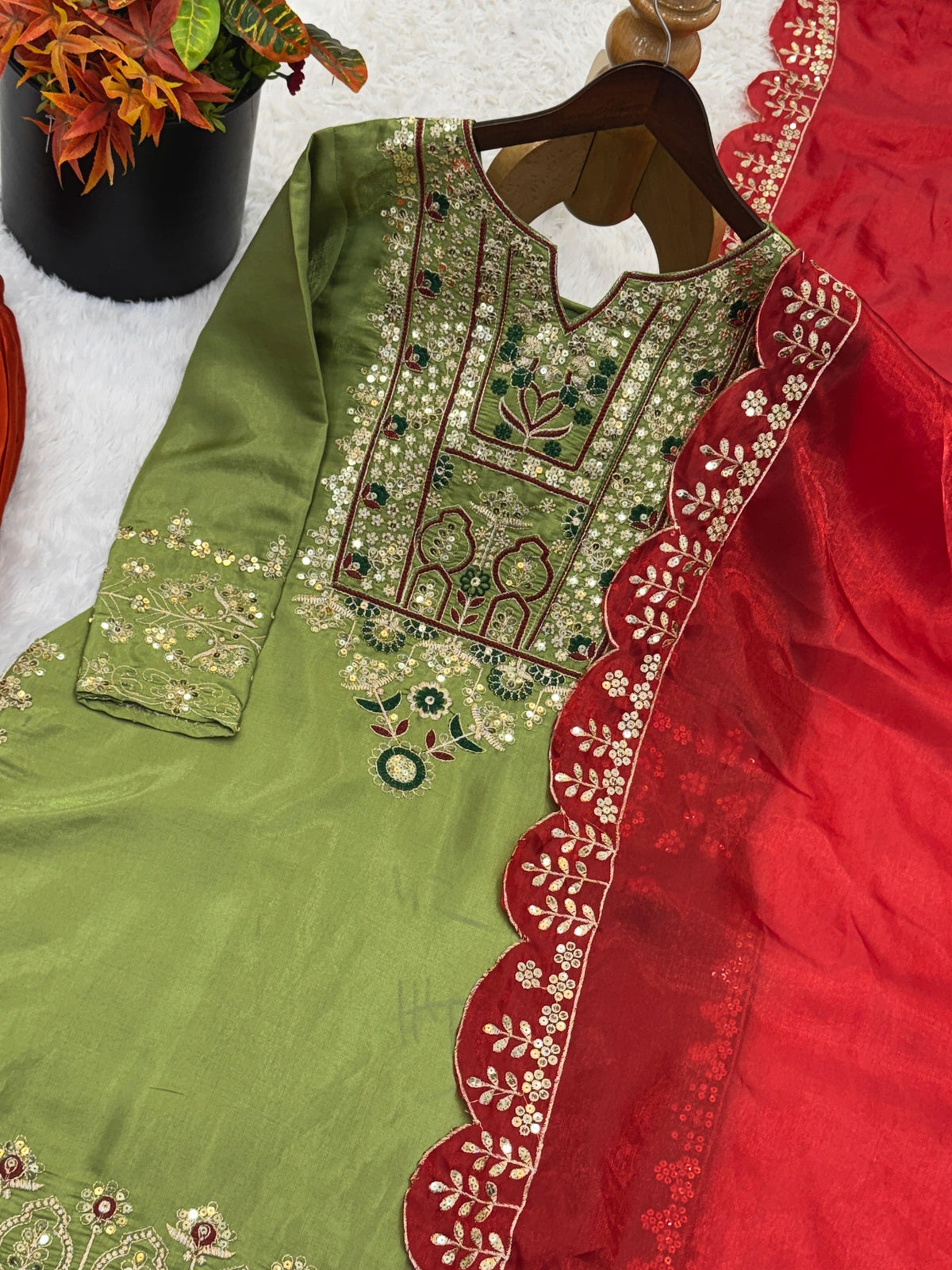 Green Heavy Malty Thread Embroidery Sequence Work Suit in Germany