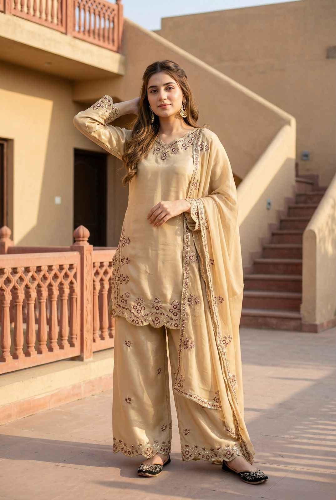 BIEGE HEAVY EMBROIDERY SEQUENCE WORK SUIT IN GERMANY