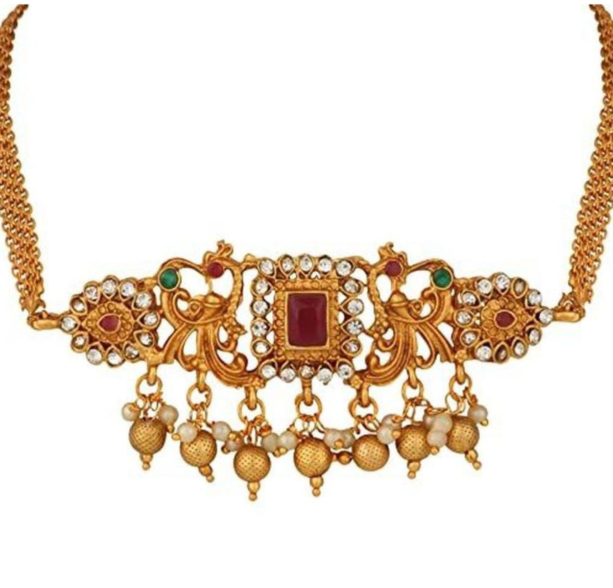 Ruby Red Beaded Gold-Toned Necklace Set with Intricate Pendant & Earrings in Germany