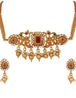 Ruby Red Beaded Gold-Toned Necklace Set with Intricate Pendant & Earrings in Germany