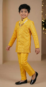 Silk Blend Geometric Embroidered Indo Western Sherwani Set with Trousers and Mala in Germany