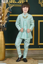 Sky blue Silk Blend Geometric Embroidered Indo Western Sherwani Set with Trousers and Mala in Germany