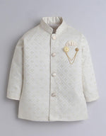 White Silk Blend Geometric Embroidered Indo Western Sherwani Set with Trousers and Mala in Germany