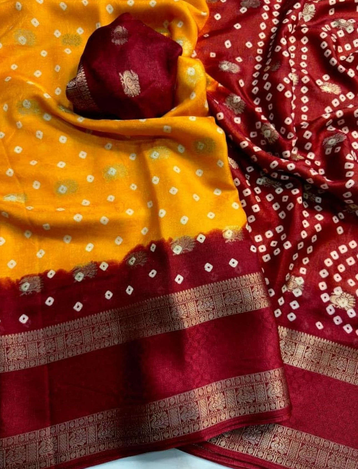Crepe Muga Silk Saree Bandhani Pattern All Over Rich Kanjivaram Border Floral Printed Pallu With Blouse Piece in Germany Namma Markt