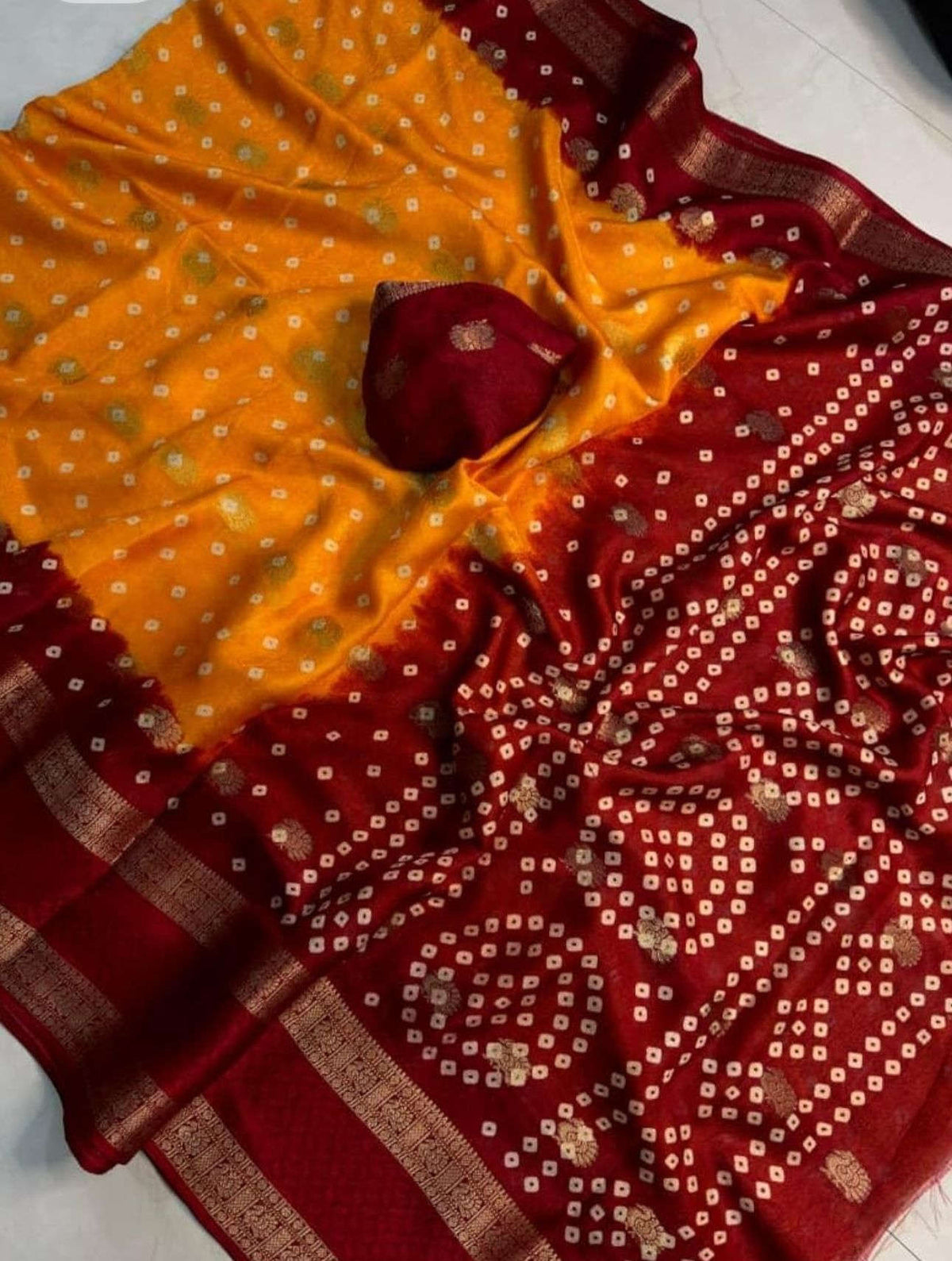 Crepe Muga Silk Saree Bandhani Pattern All Over Rich Kanjivaram Border Floral Printed Pallu With Blouse Piece in Germany Namma Markt