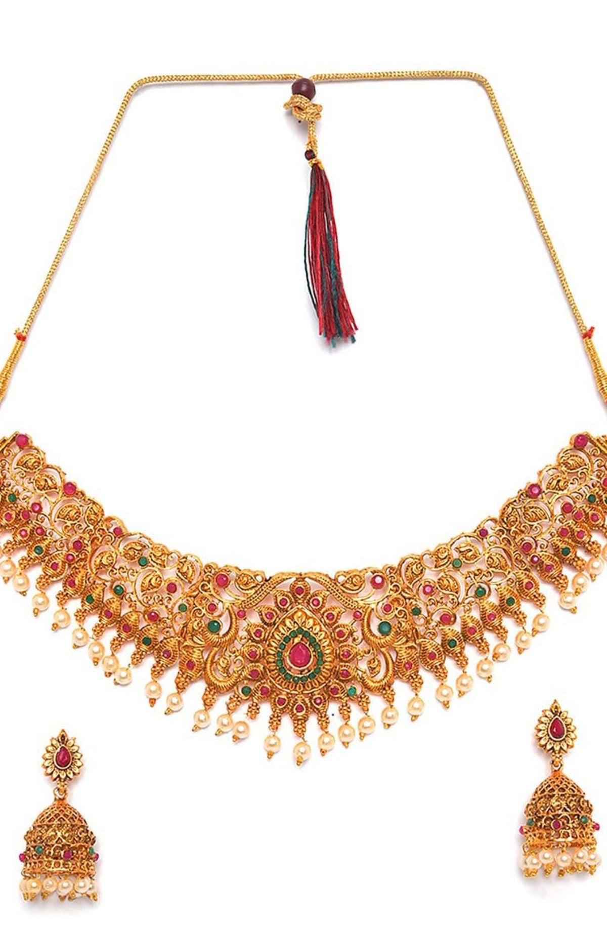 Gold-Plated & Pink Stone Studded Temple Jewellery Set in Germany
