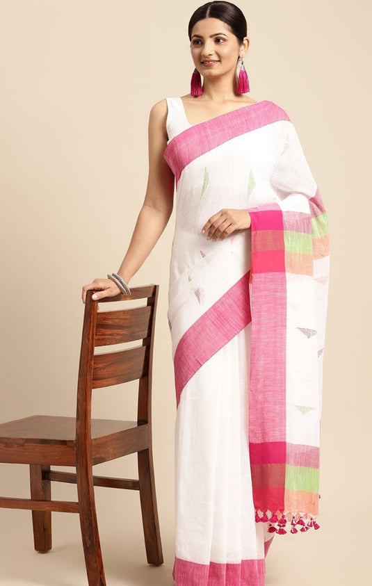 White & Pink Geometric Design Pure Cotton Taant Saree in Germany(Onam Saree)