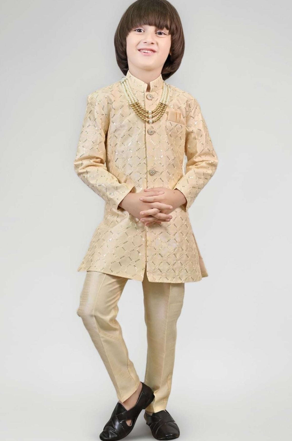 Biege Kids Ethnic Sequin Embellished Indo-Western Kurta and Trouser Set for Boys in Germany Namma Markt