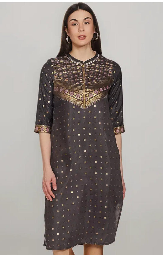 Women's Polyester Straight Fit Ultimate Ornamental Mandarin Collar Kurta in Germany