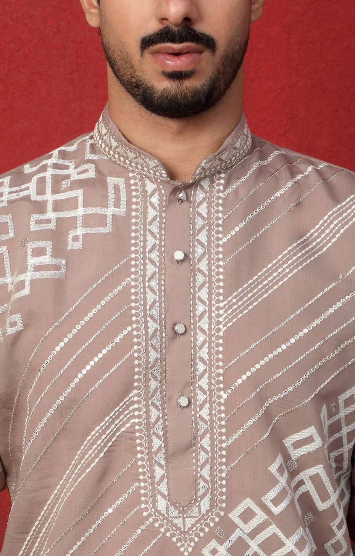 Geometric Embroidered Mandarin Collar Cotton Silk Straight Kurta in Germany