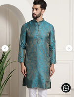 MEN'S SILK BLEND SELF DESIGN TEAL BLUE LONG KURTA SET IN GERMANY