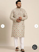 Men's Cotton Linen Cream and Multi Printed Kurta and White Pyjama in Berlin